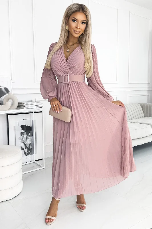Numoco Basic 414-2 KLARA pleated dress with a belt and a neckline - powder pink