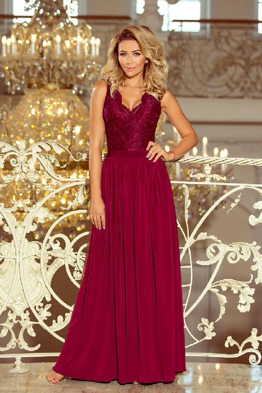 Numoco 211-2 LEA long dress with lace neckline - Burgundy color