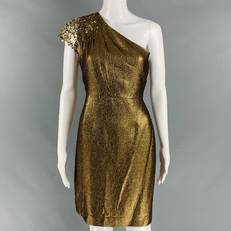 ELIE TAHARI Size 8 Gold Cotton Blend One Shoulder Cocktail Dress
