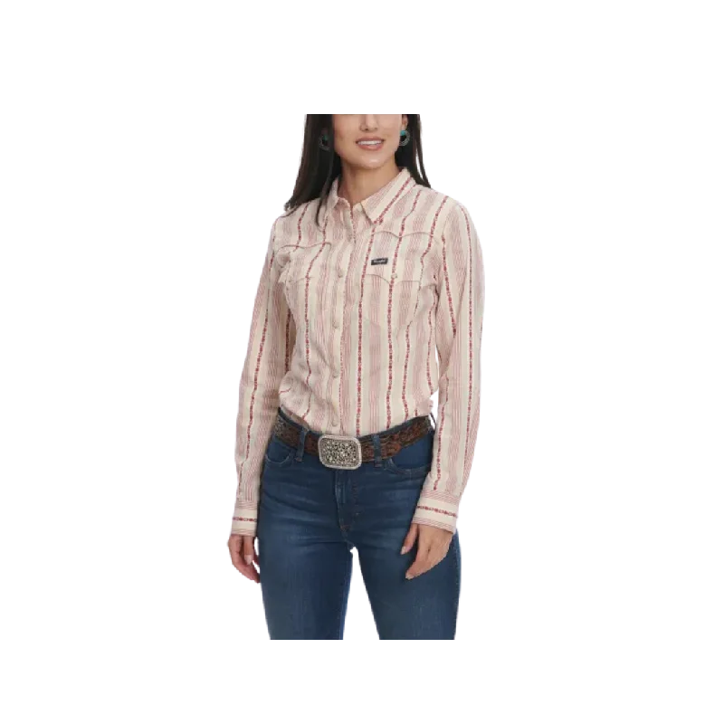 Wrangler Women's Retro Stripe Aztec Geo Embroidery Long Sleeve Western Sand Dark Dusty Rose Shirt Soft Silk Short Sleeve