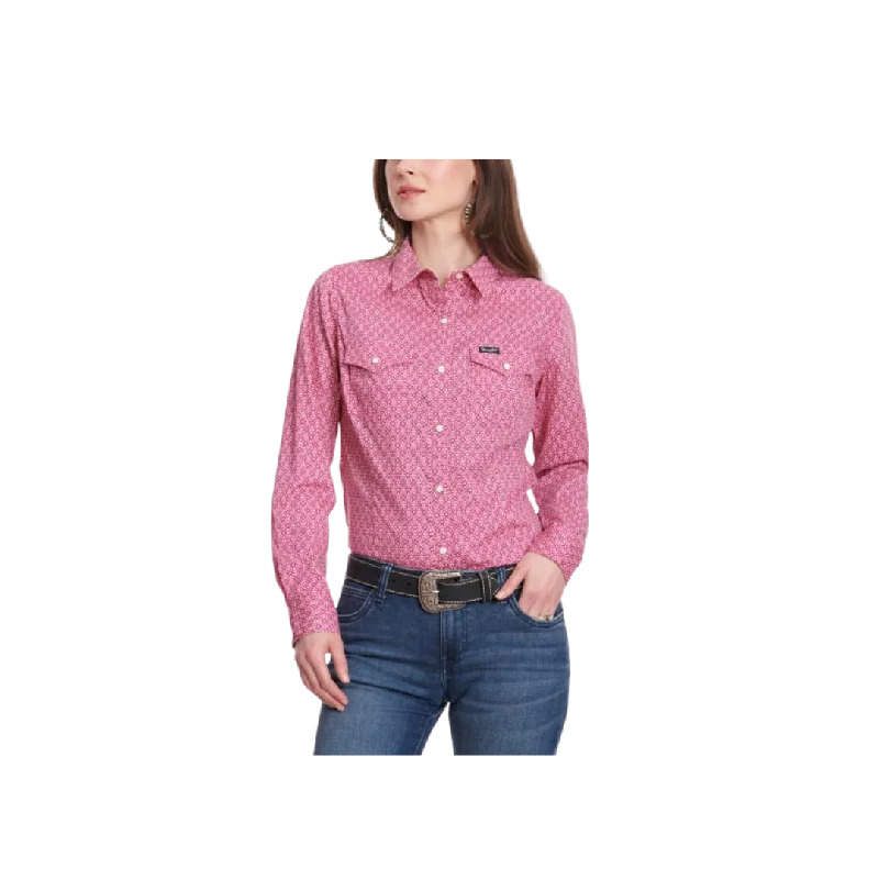 Wrangler Women's Print Long Sleeve Western Dark Pink & White Geo Purple Shirt Relaxed Fit Short Blouse