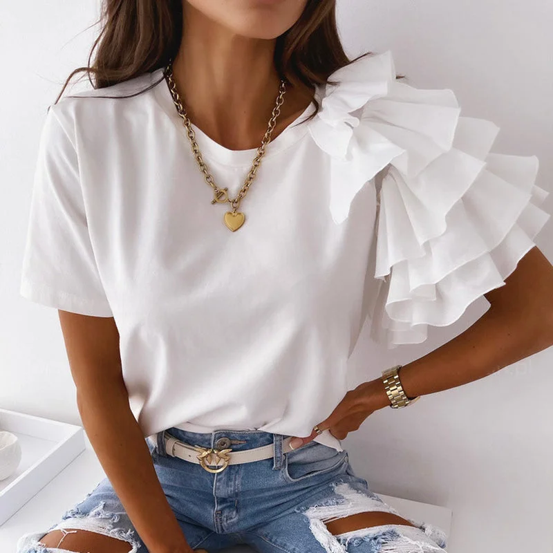 O Neck Solid Blouse Shirt Layered Ruffle Tops Blusa Classic Cropped Short Sleeve