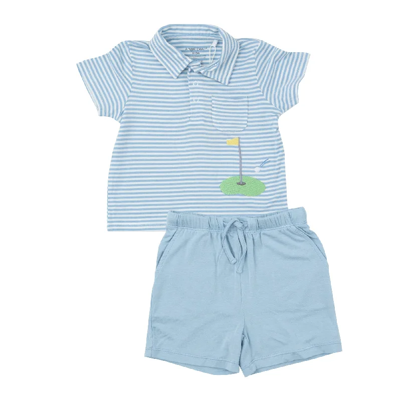 Angel Dear Polo Shirt & Short Set | Dream Blue Stripe Trendy Ruffled Short Sleeve