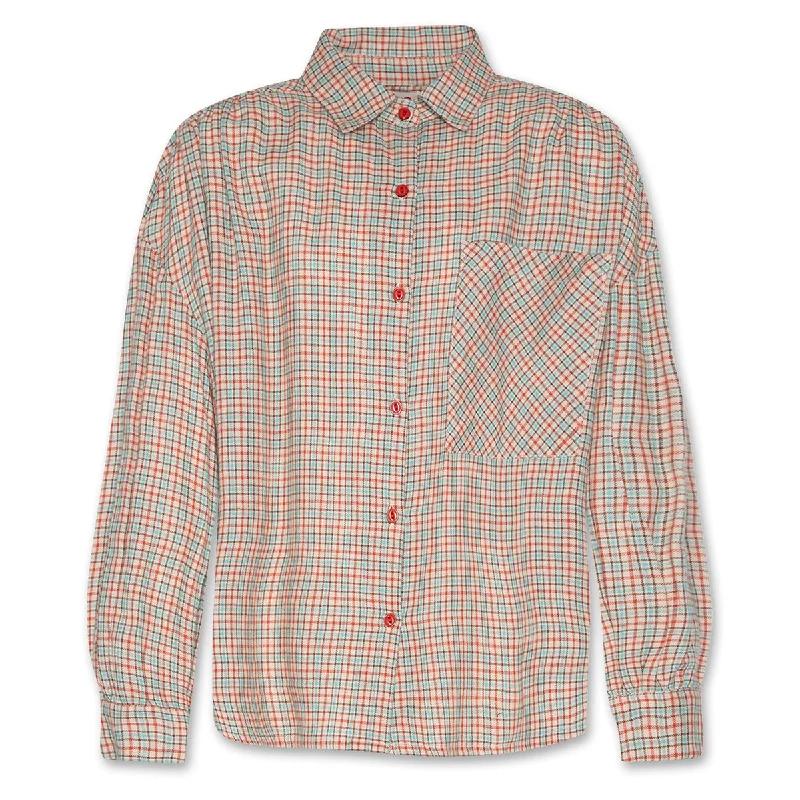 AO76 Yoko Red Check Shirt Trendy Button-Front Short Sleeve