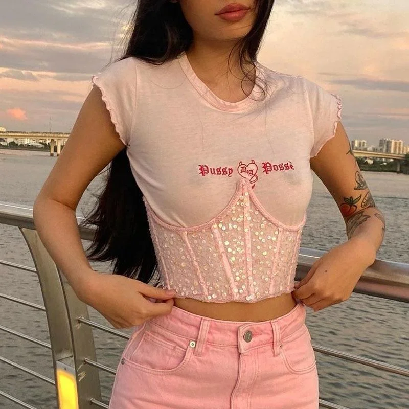 Women Sequin Letter Embroidery Corset Top Crops T Shirt Modern Fit Short Sleeve