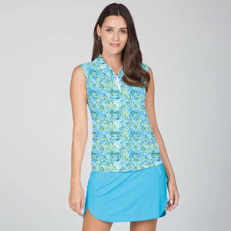 IBKUL Women's Sleeveless Golf Sun Shirt- Kathy Turquoise/Lime Print Stylish Casual Short Tee