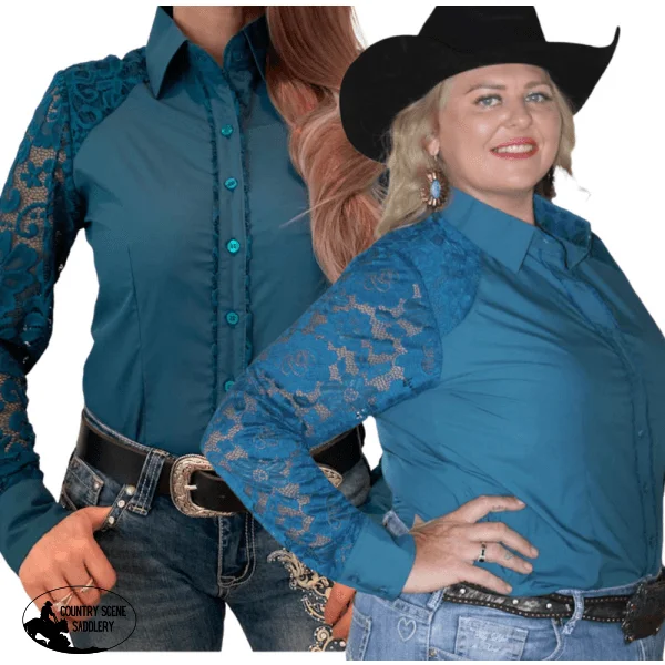 L1320 - BRIELLE Ladies 1/2 Lace Western Shirt Comfortable Peplum Short Shirt