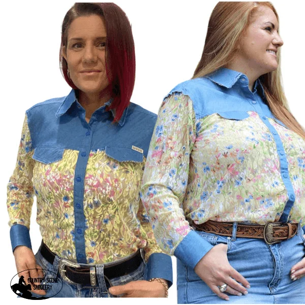 L1440 - Binda Ladies Western Denim & Lace Shirt Comfortable Summer Short Shirt