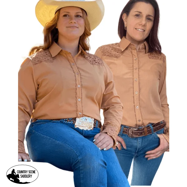 L1461- Jess Ladies Tan Western Shirt with Broderie Contrast Modern Casual Short Sleeve