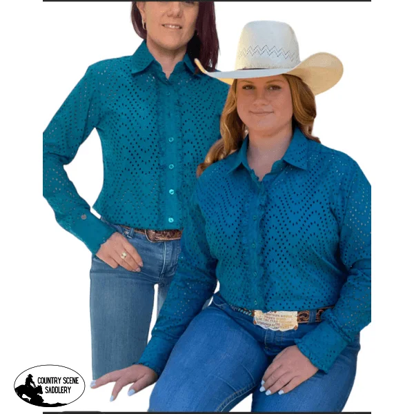 L1463- Florence Ladies Turquoise Broderie Western Shirt Stylish Short Sleeve Polo