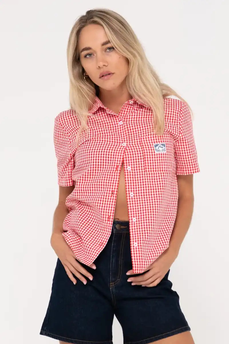 Rusty Checked Out Short Sleeve Shirt in True Red Cozy Loose Fit Short Sleeve