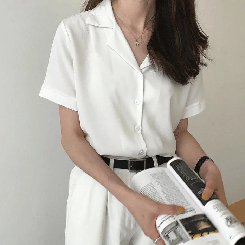 Summer Blouse Shirt For Women Fashion Short Sleeve V Neck Casual Office Lady White Shirts Tops Japan Korean Style Trendy Sleeveless Short Shirt