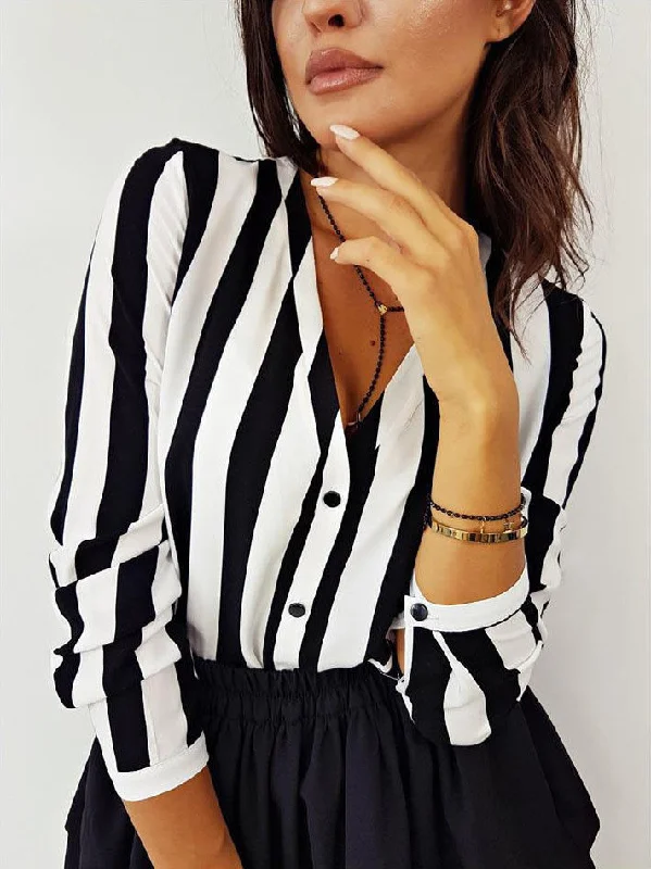 Women Striped Shirt Black White Elegant V Neck Button Relaxed Button-Down Short Shirt