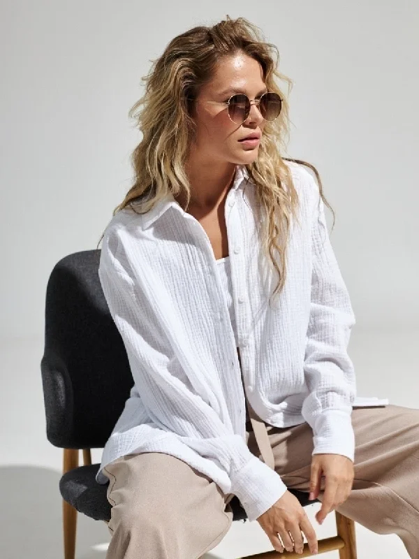 Suninbox 2023 Women's Spring Summer 100% Cotton Shirts Office Lady Casual Oversized Crepe Shirts White Long Sleeve Loose Blouse Stylish Short Sleeve Polo