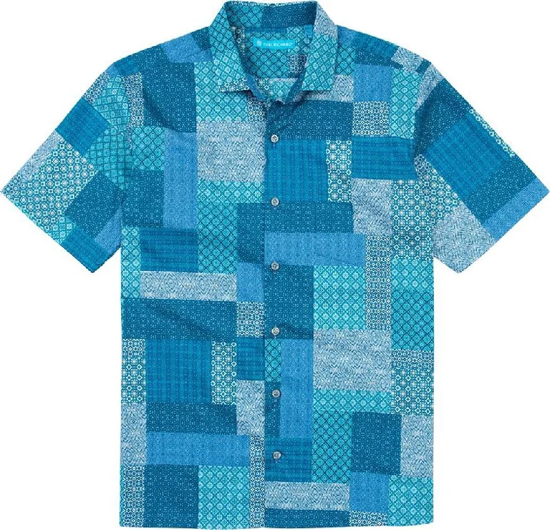 Tori Richard Lisbon Tiles Teal Medium Short Sleeve Hawaiian Shirt Comfortable Summer Short Shirt