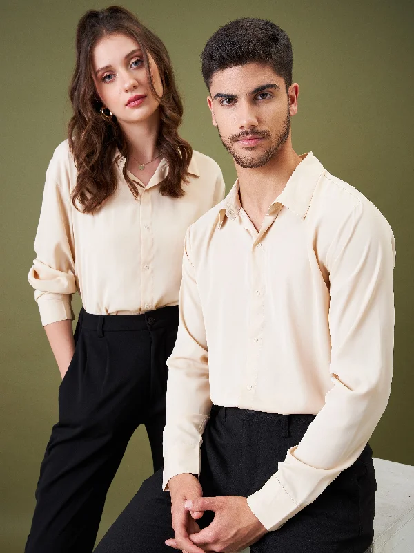 Unisex Beige Satin Relax Fit Shirt Classic Button-Up Short Tee