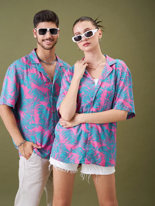 Unisex Fuchsia & Green Tropical Floral Relax Fit Shirt Comfortable Flowing Short Sleeve