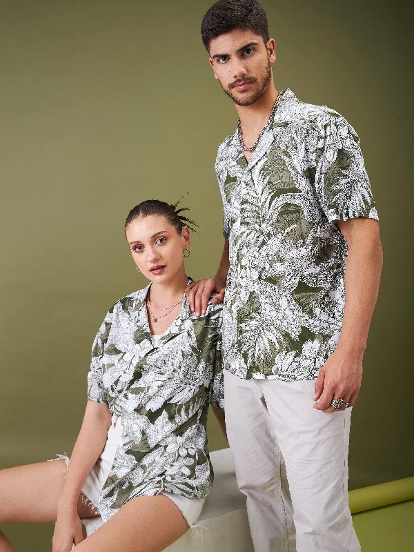 Unisex Olive & Whie Tropical Floral Relax Fit Shirt Trendy Tie-Front Short Shirt