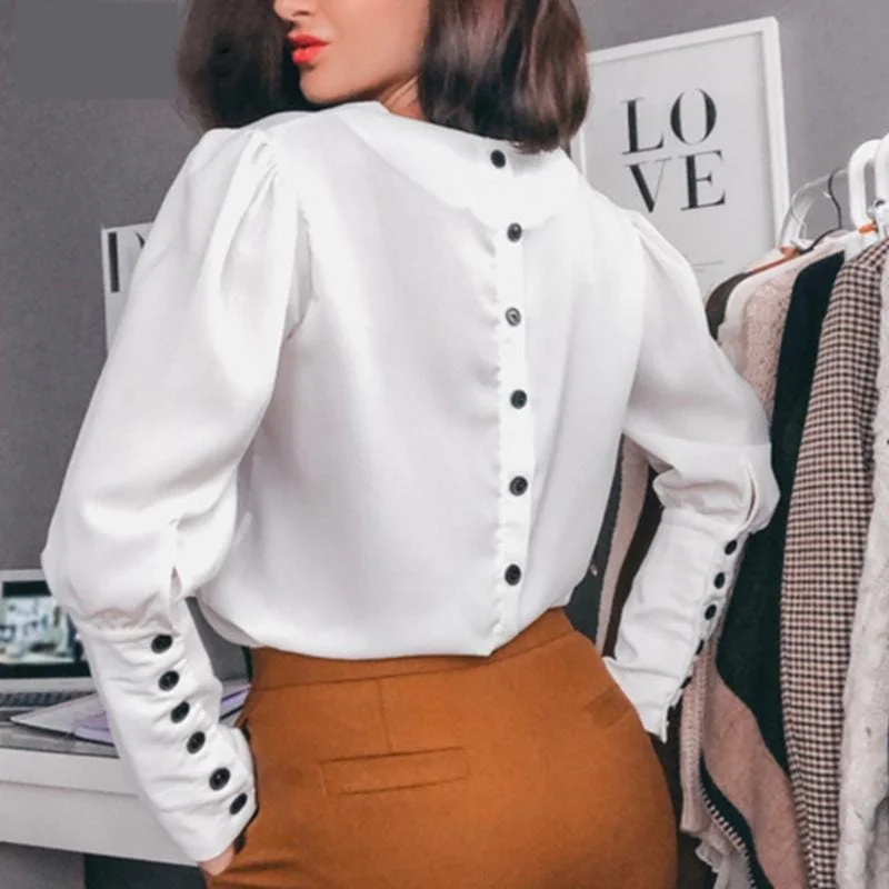 Women Office Lady Back Button Blouse Long Sleeve Sexy V neck Solid Elegant Casual Shirt 2019 Autumn New Fashion Women Tops Relaxed Fit Short Sleeve Top