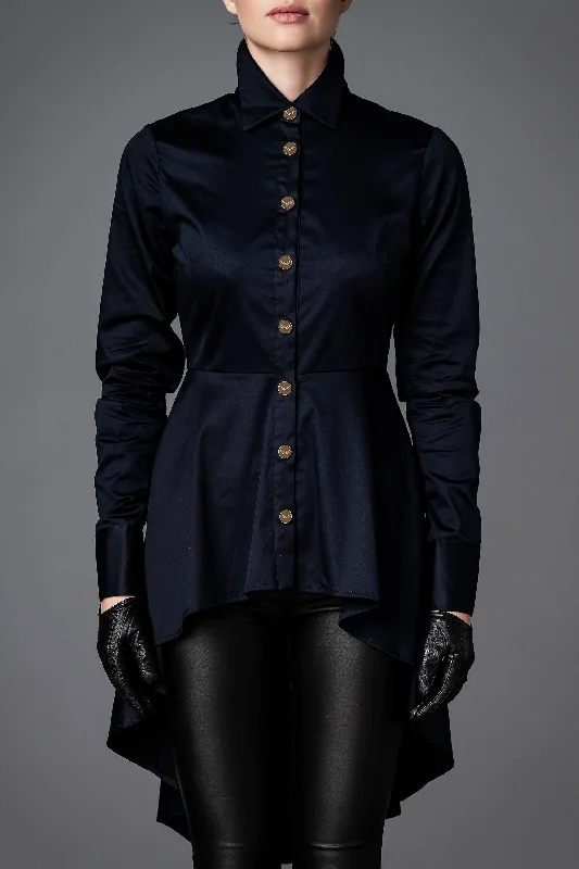 Women's Cotton Shirt - Balance Dark Blue Chic Silk Short Sleeve Shirt