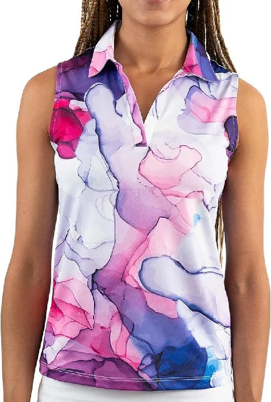 Yatta Golf Womens Standout Performance Sleeveless V-Neck Golf Polo Shirt Trendy Floral Print Tee