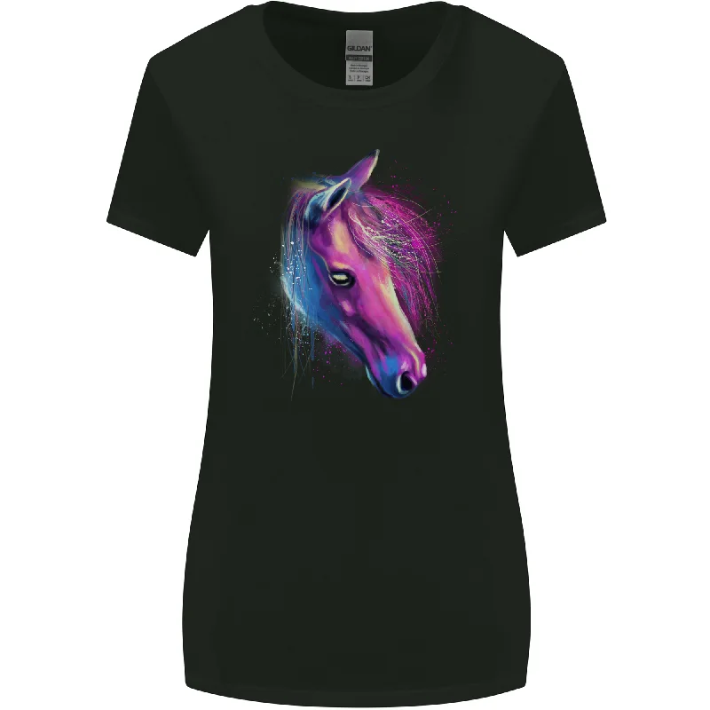 A Watercolour Horse Womens Wider Cut T-Shirt Notch Collar Peter Pan Collar Cowl Neck