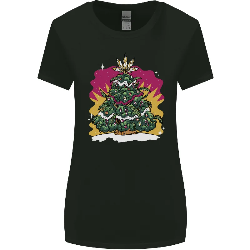 A Weed Christmas Tree Cannabis Trippy Womens Wider Cut T-Shirt Graphic Embroidered Appliqued