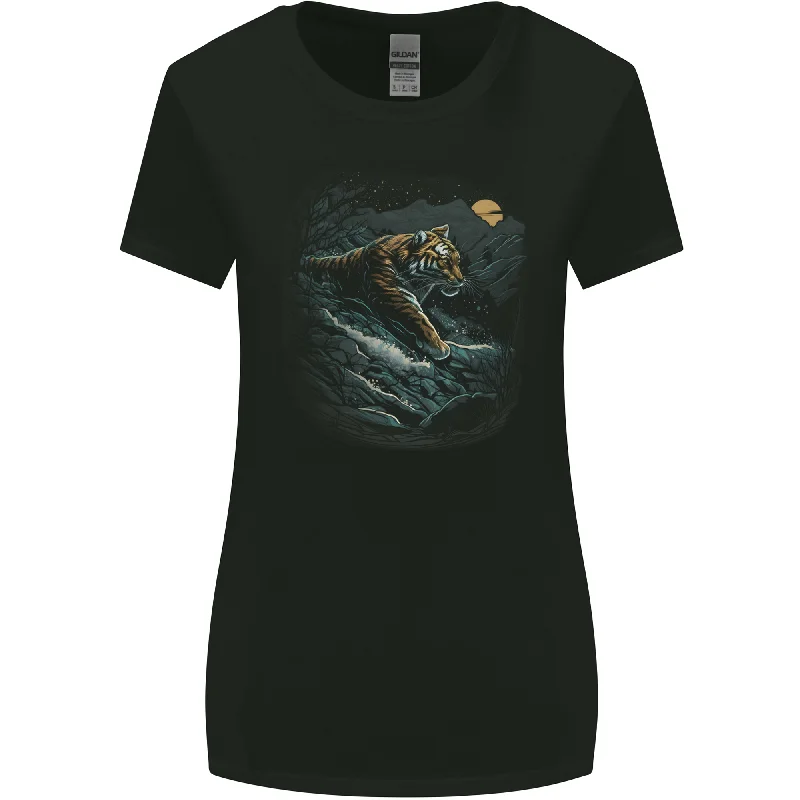 A Wild Tiger in the Moonlight Womens Wider Cut T-Shirt Collared T-Shirt Boat Neck A-Line