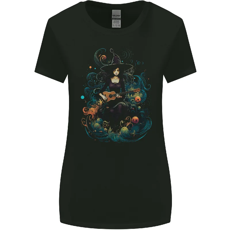 A Witch Playing a Guitar Halloween Fantasy Womens Wider Cut T-Shirt Collared Crew Neck Turtle Neck