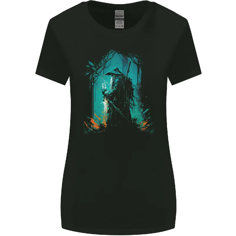 A Wizard in a Fantasy Forest Warlock Womens Wider Cut T-Shirt Zippered Front Buttoned Front Snap Front