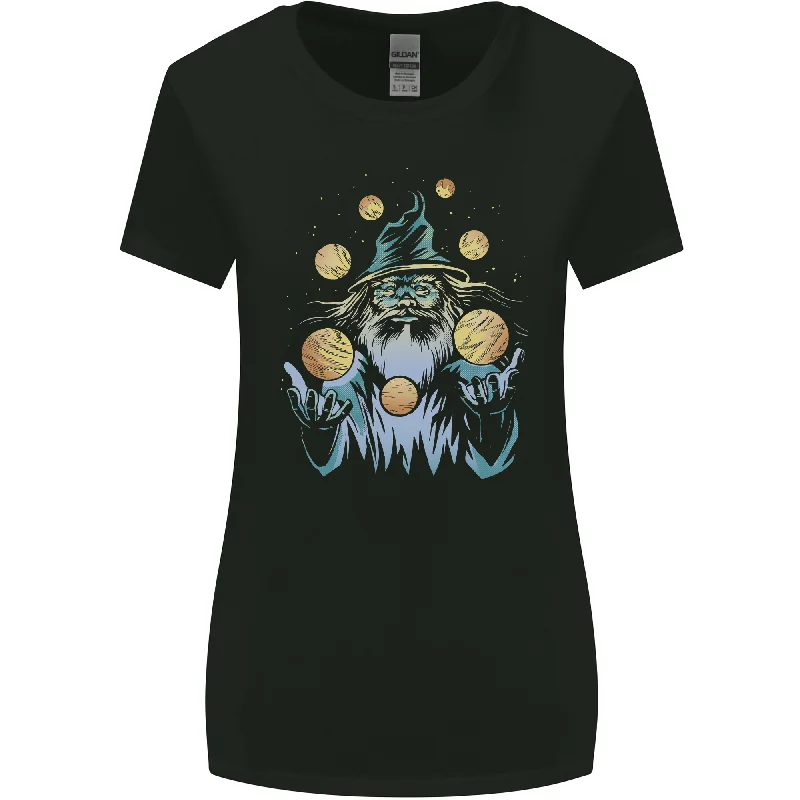 A Wizard Juggling Planets Space Fantasy Womens Wider Cut T-Shirt Knit Fabric Woven Fabric Fleece Fabric