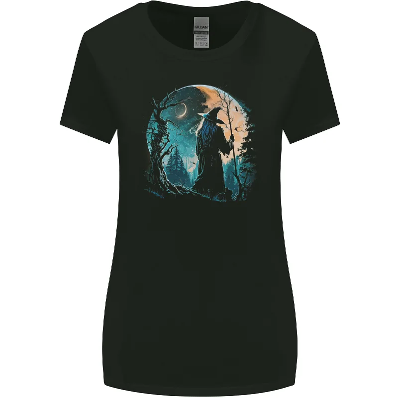 A Wizard Looking at a Fantasy Moon Warlock Womens Wider Cut T-Shirt Chenille Blend Fleece Blend Nylon Blend