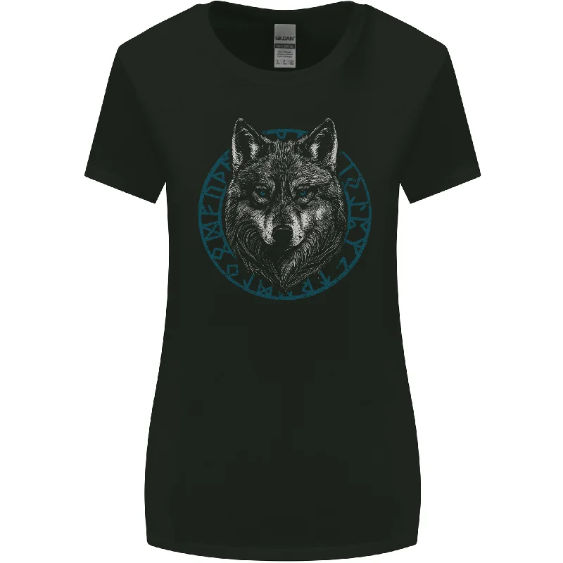 A Wolf in Viking Symbols Text Valhalla Womens Wider Cut T-Shirt Zippered Front Buttoned Front Snap Front