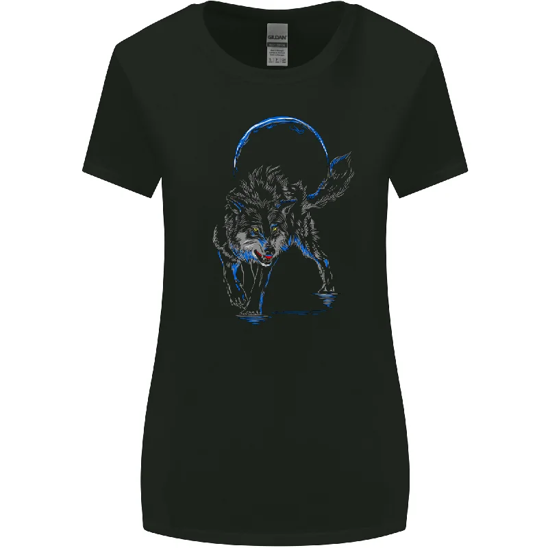 Abstract Wolf With the Moon Werewolf Lycan Womens Wider Cut T-Shirt Cashmere Blend Cotton Blend Poly Blend