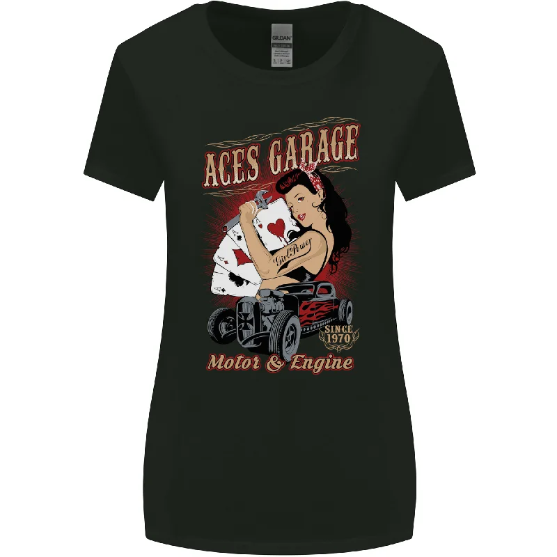 Aces Garage Hotrod Hot Rod Dragster Car Womens Wider Cut T-Shirt Elegant Classic Vintage