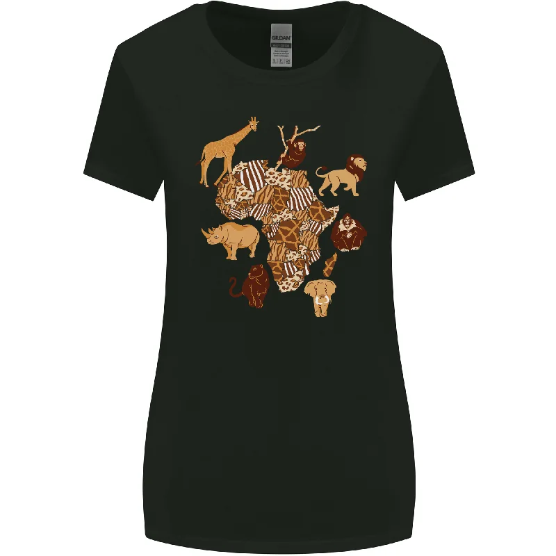 Africa Wildlife Map Giraffe Rhino Ape Elephant Lion Womens Wider Cut T-Shirt Hooded Caped Shawl Collar