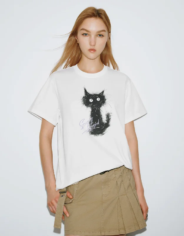 Cat Printed Crew Neck Straight T-Shirt Cozy Warm Stylish