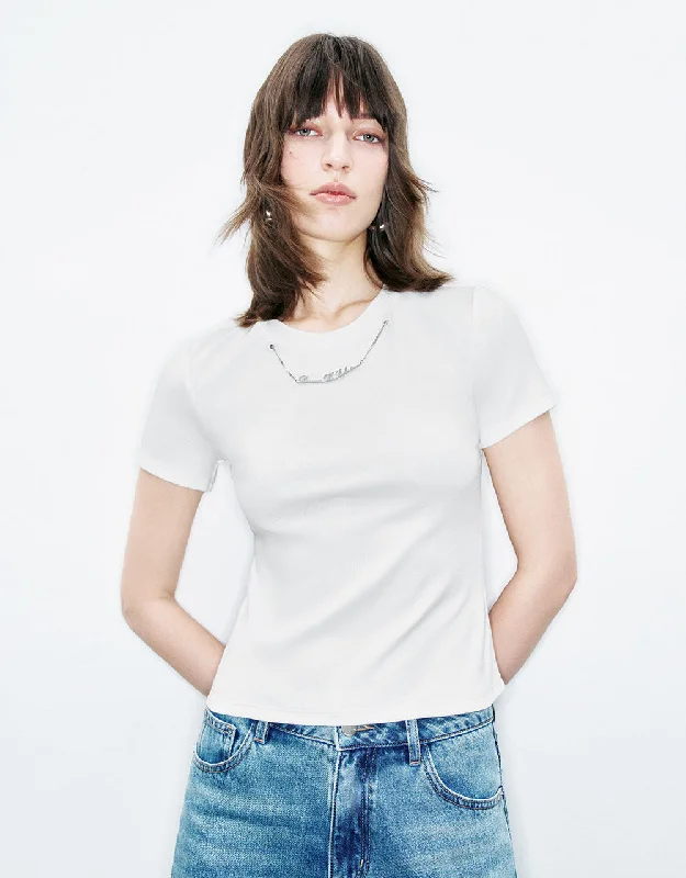 Crew Neck Skinny T-Shirt With Necklace Notch Collar Peter Pan Collar Cowl Neck