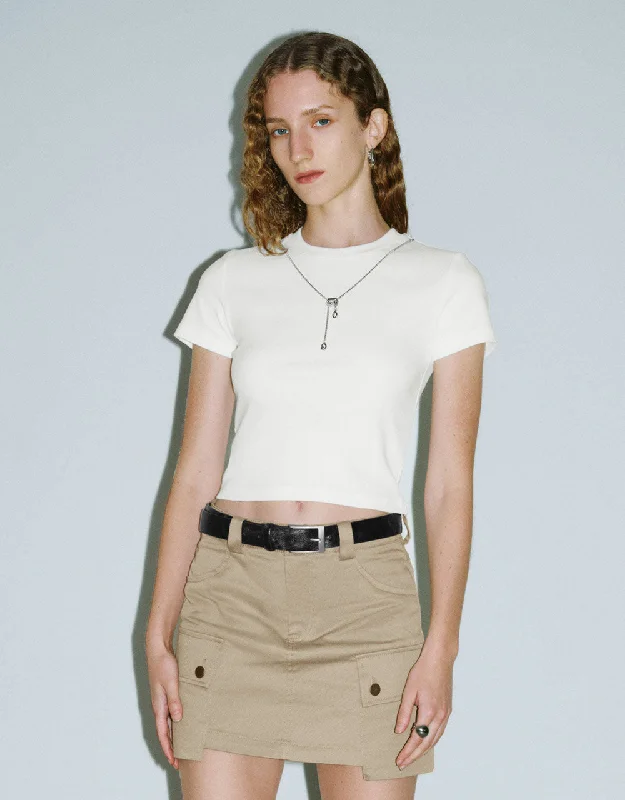 Crew Neck Skinny T-Shirt With Necklace Rayon Velvet Corduroy