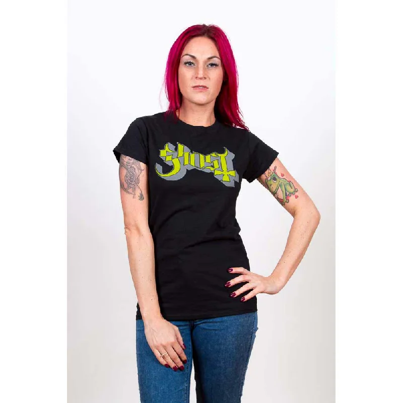 Ghost Ladies T-Shirt: Green/Grey Keyline Logo (Skinny Fit) Striped Floral Plaid