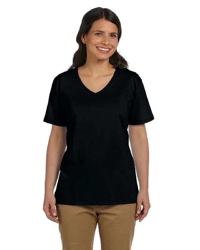 Hanes Ladies ComfortSoft V-Neck Cotton T-Shirt | Black Thin T-Shirt Open Front Quick Dry