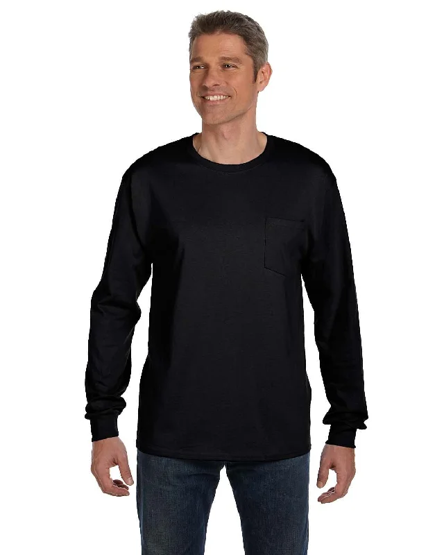 Hanes Tagless Long Sleeve Pocket T-Shirt | Black Fleece Fabric Down Fabric Feather Fabric