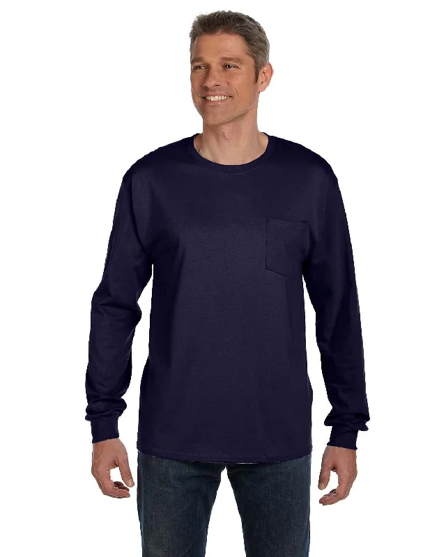 Hanes Tagless Long Sleeve Pocket T-Shirt | Navy Striped Floral Plaid