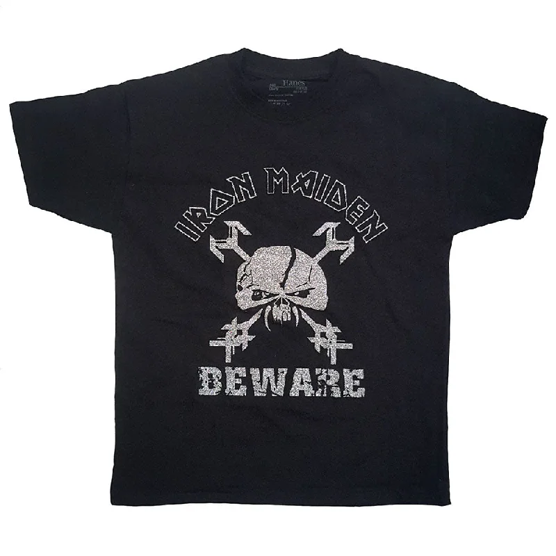 Iron Maiden Kids T-Shirt: Beware (Glitter Print) Polka Dot Checkered Tartan