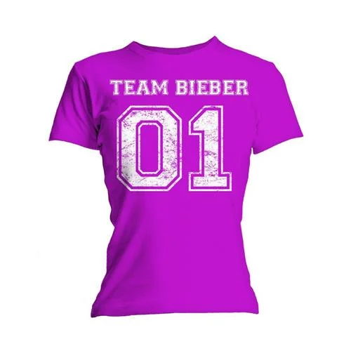 Justin Bieber Ladies T-Shirt: Team Bieber (Skinny Fit) Silk Blend Satin Velvet