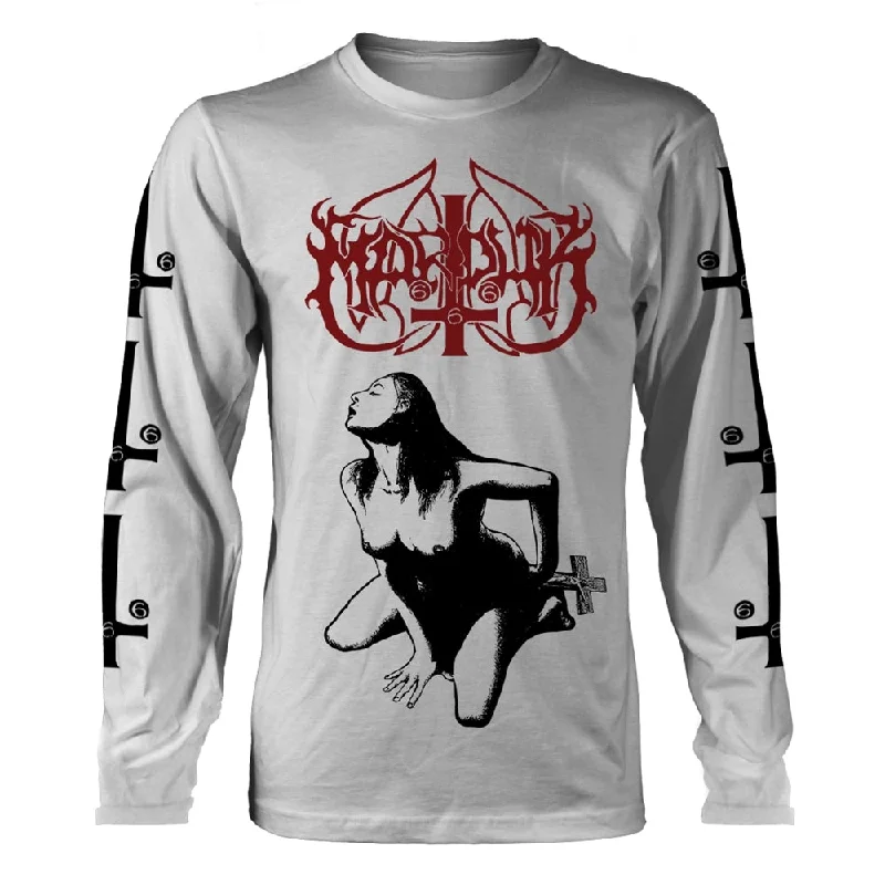 Marduk Unisex Long Sleeved T-shirt: Fuck Me Jesus (White) (back print) Rayon Fabric Velvet Fabric Corduroy Fabric