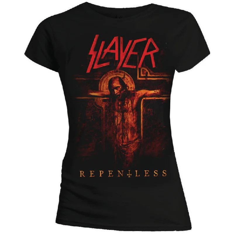 Slayer Ladies T-Shirt: Repentless Crucifix V-Neck T-Shirt Long Sleeve Cotton