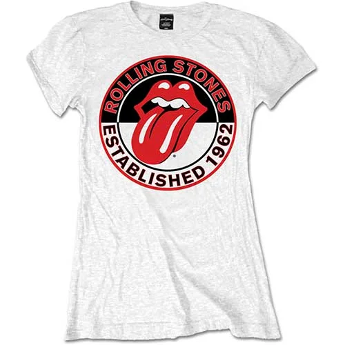 The Rolling Stones Ladies T-Shirt: Est. 1962 Denim Fabric Leather Fabric Suede Fabric