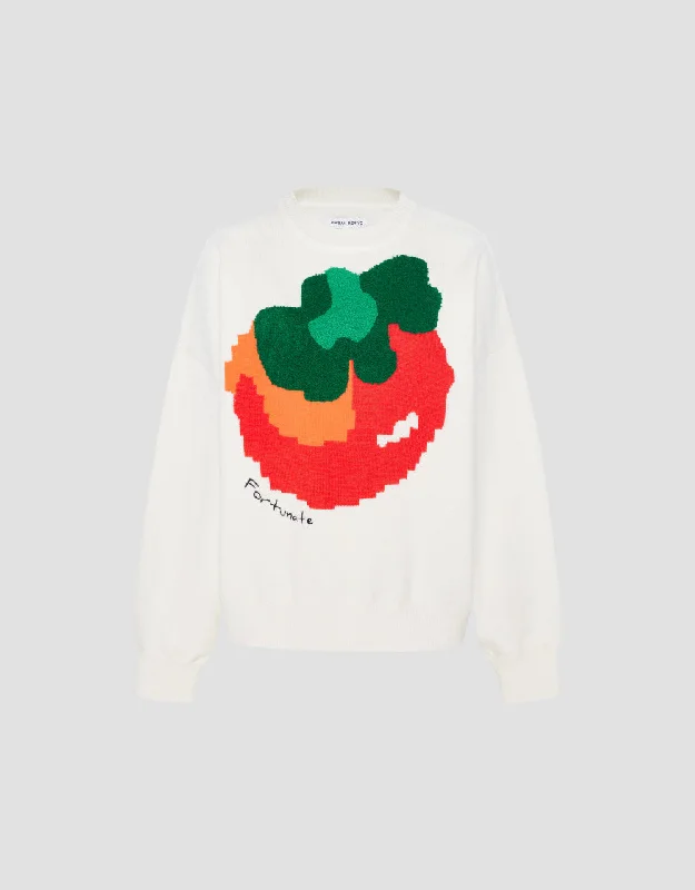 Tomato Print Knit T-Shirt Notch Collar Peter Pan Collar Cowl Neck