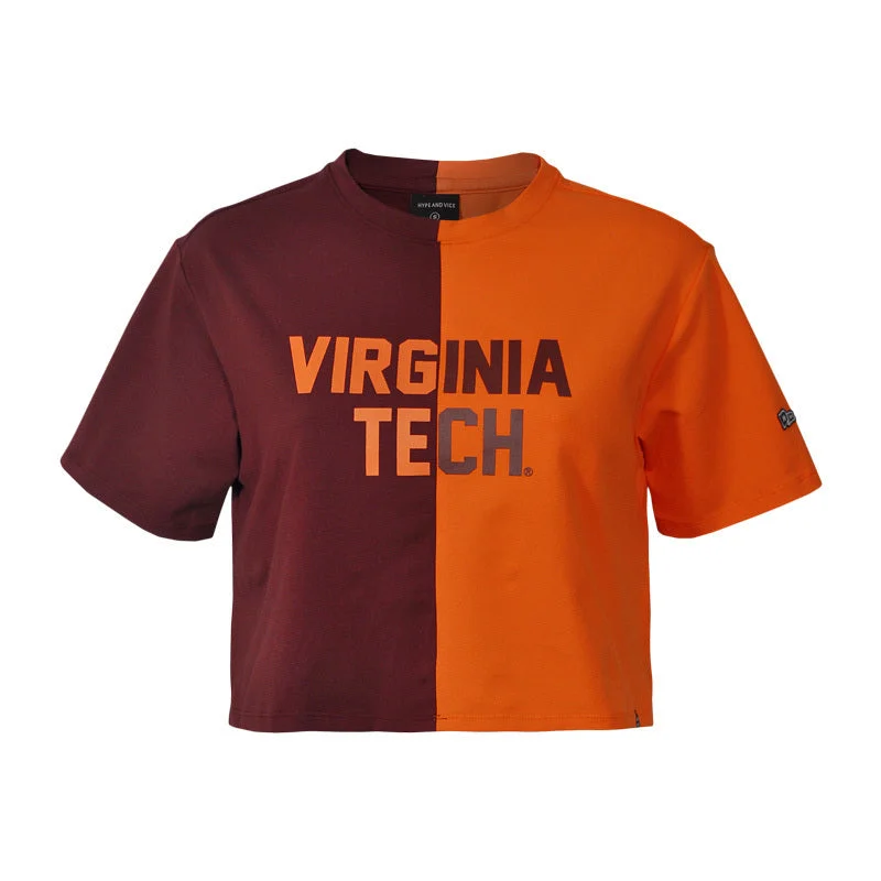 Virginia Tech Women's Brandy Crop T-shirt: Maroon and Orange Mesh Blend Leather Blend Suede Blend